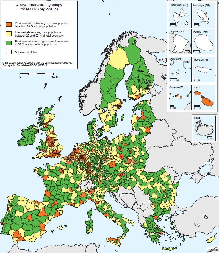 Mapa de Europa: Zonas rurales–urbanas en la UE. Learn Europe