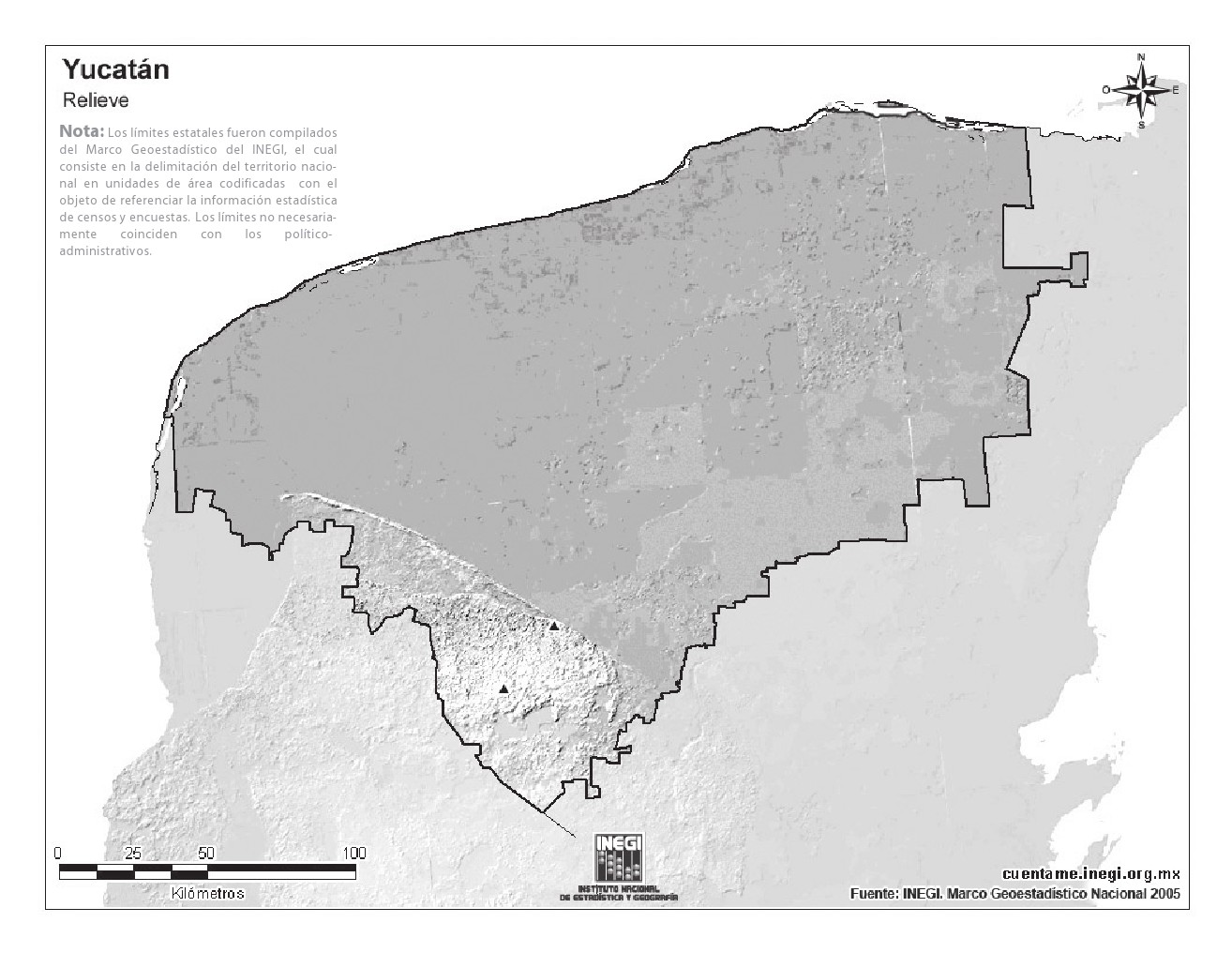 Mapa mudo de montañas de Yucatán. INEGI de México