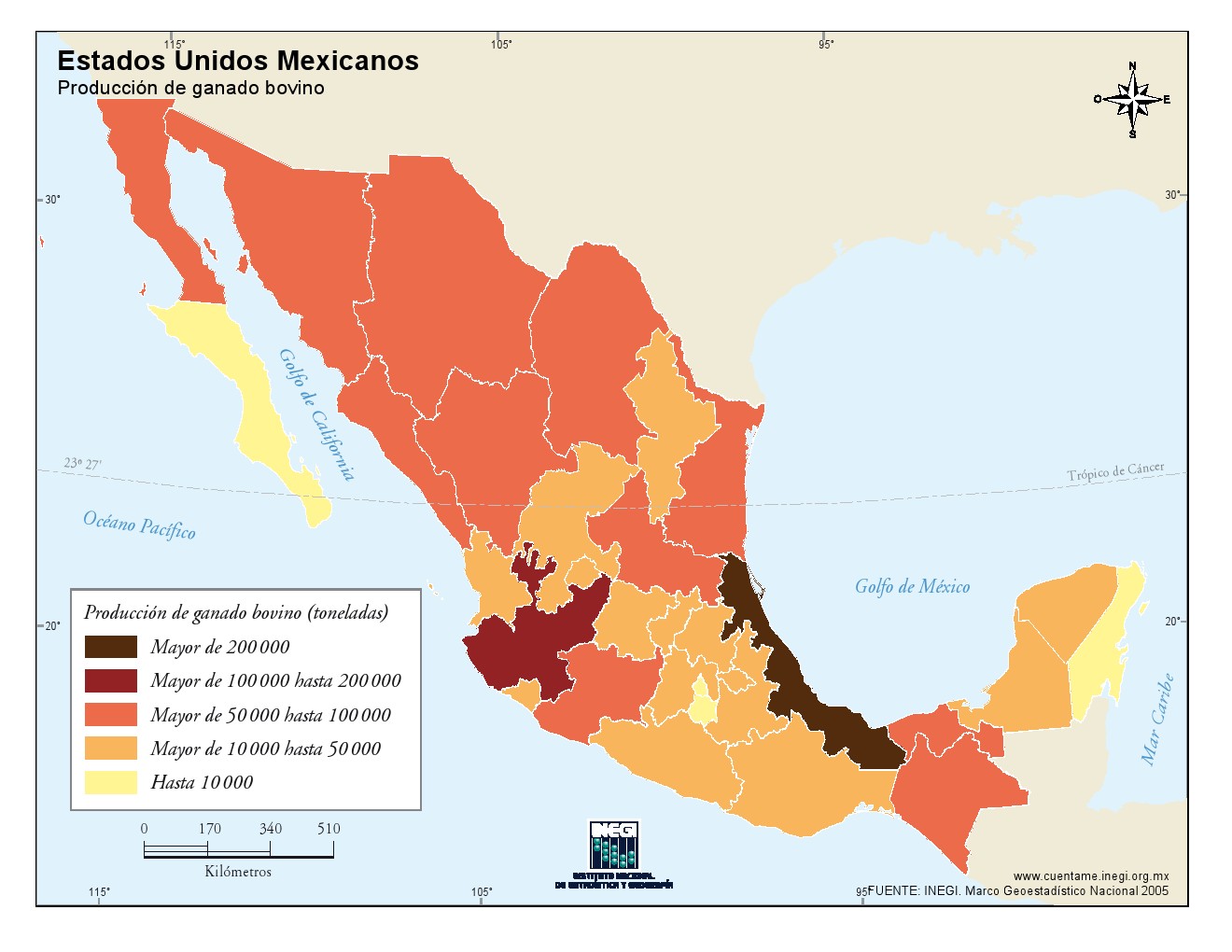 Mapa de producción de ganado bovino de México. INEGI de México