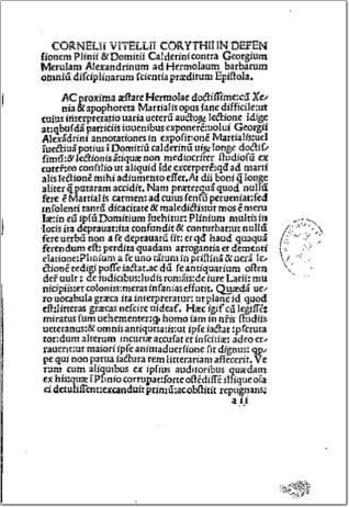 Epistola in defensionem Plinii et Domitii Calderini contra Georgium Merulam dedierum, mensium annorumque observatione
