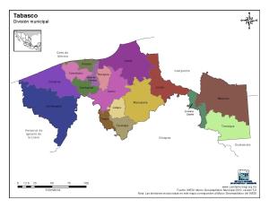 Mapa en color de los municipios de Tabasco. INEGI de México