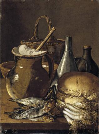 Bodegón: pescados, cebolletas, pan y objetos diversos