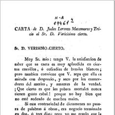 Carta de D. Judas Lorenzo Matamoros y Tricio al Sr. D. Vericisimo Cierto