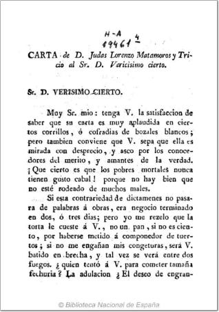 Carta de D. Judas Lorenzo Matamoros y Tricio al Sr. D. Vericisimo Cierto
