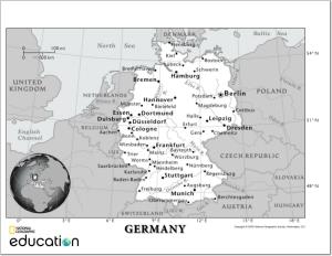 Mapa de ciudades y ríos de Alemania. National Geographic