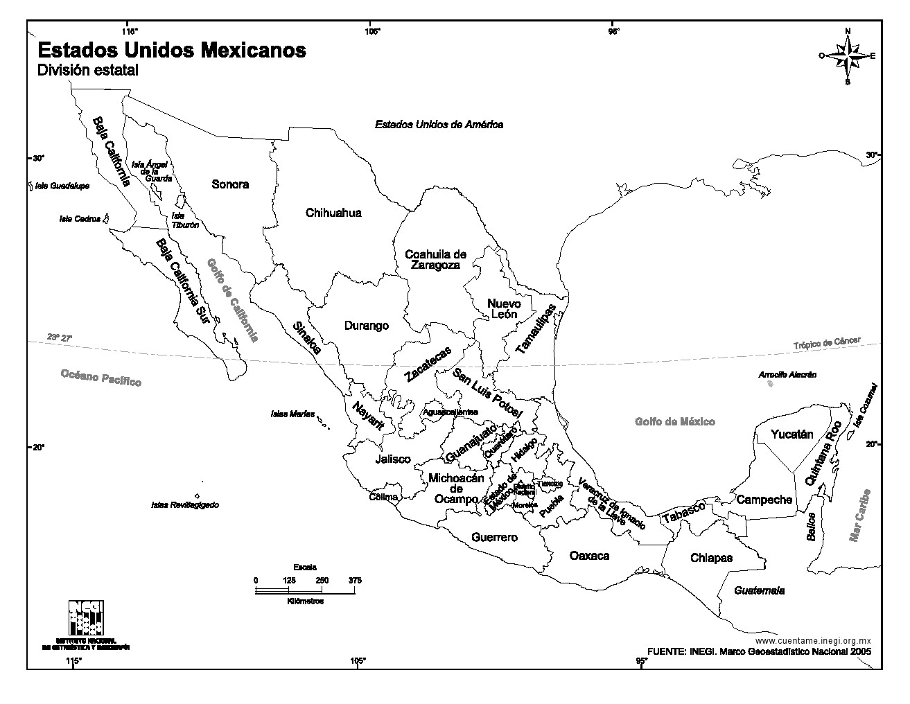 Mapa de Estados Unidos Mexicanos. INEGI de México