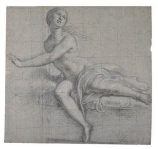 Figura femenina semidesnuda recostada en un lecho