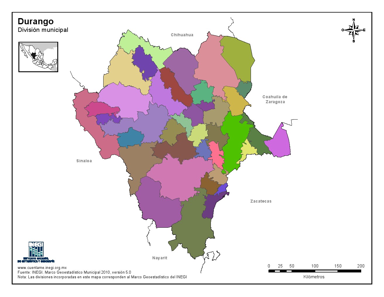 Mapa mudo de municipios de Durango. INEGI de México