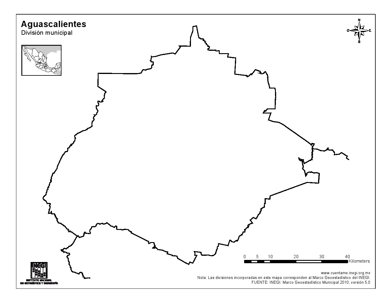 Mapa mudo de Aguascalientes. INEGI de México