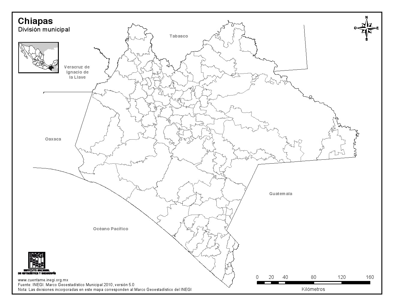 Mapa mudo de municipios de Chiapas. INEGI de México