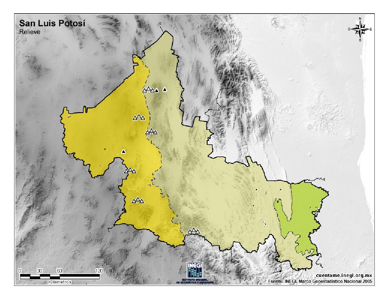 Mapa mudo de montañas de San Luis Potosí. INEGI de México