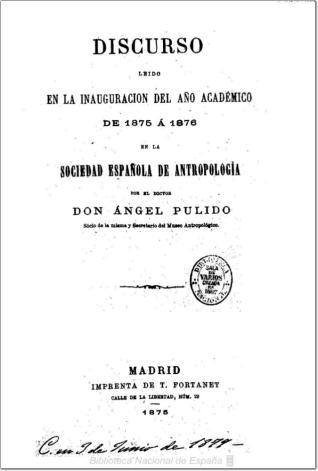 Discurso leído en la inauguración del año académico de 1875 a 1876 en la Sociedad Española de Antropología