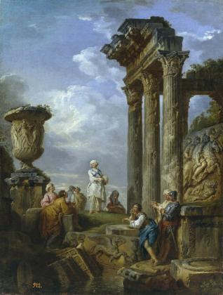 Ruinas con mujer dirigiendo la palabra a varias personas o Predicación de una sibila