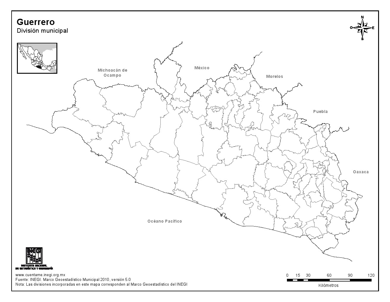 Mapa mudo de municipios de Guerrero. INEGI de México