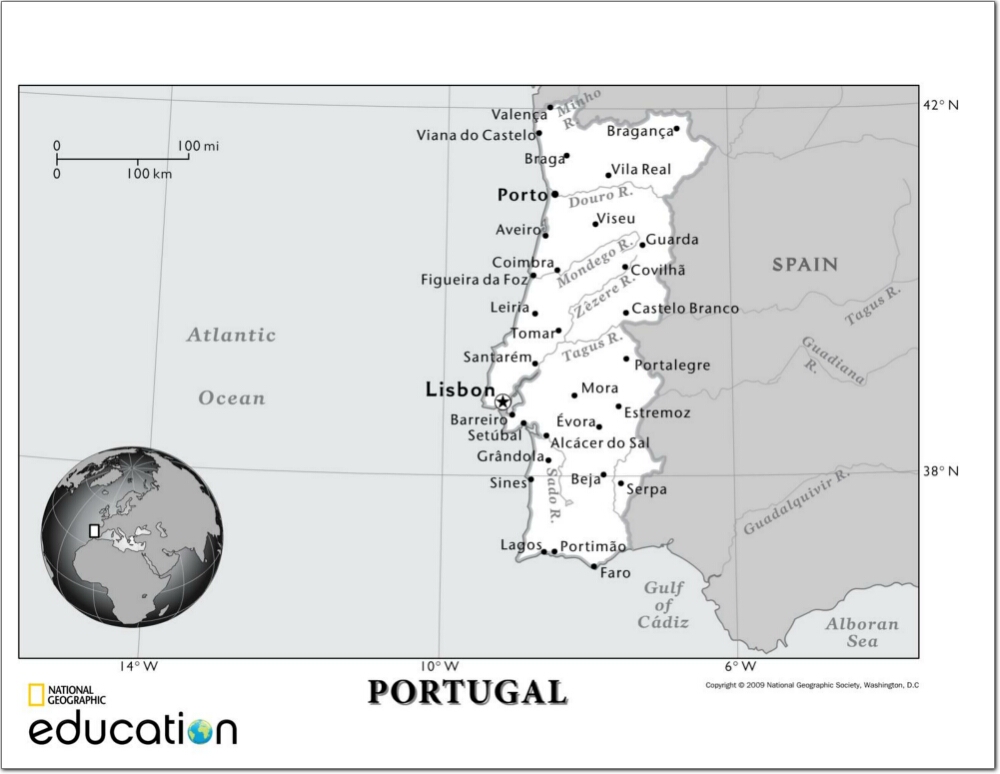 Mapa de ríos y ciudades de Portugal. National Geographic