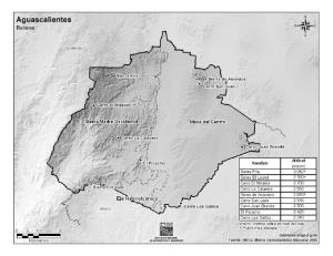 Mapa de montañas de Aguascalientes. INEGI de México