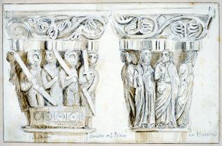 Detalles de dos capiteles del claustro de San Pedro el viejo, Huesca