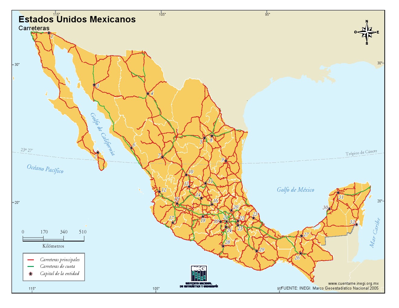 Mapa de carreteras de México. INEGI de México