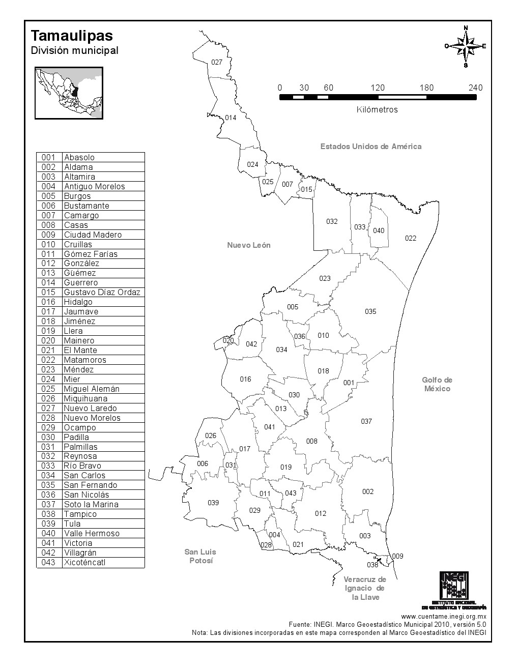 Mapa de municipios de Tamaulipas. INEGI de México