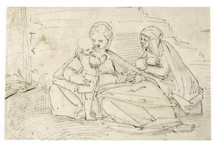La Virgen y el Niño, con Santa Ana, sentados en el suelo, al aire libre, delante de un muro