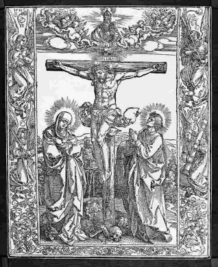 La crucifixión, con la Virgen y San Juan