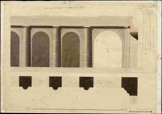 Planta, alzado y sección del orden dórico del patio de la Casa de Mecenas en Tívoli con columna dórica del Cuartel de Infantería de Pompeya