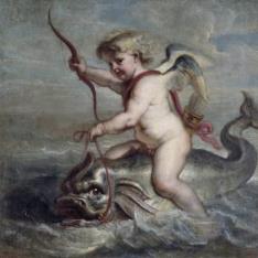 Cupido navegando sobre un delfín