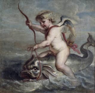 Cupido navegando sobre un delfín