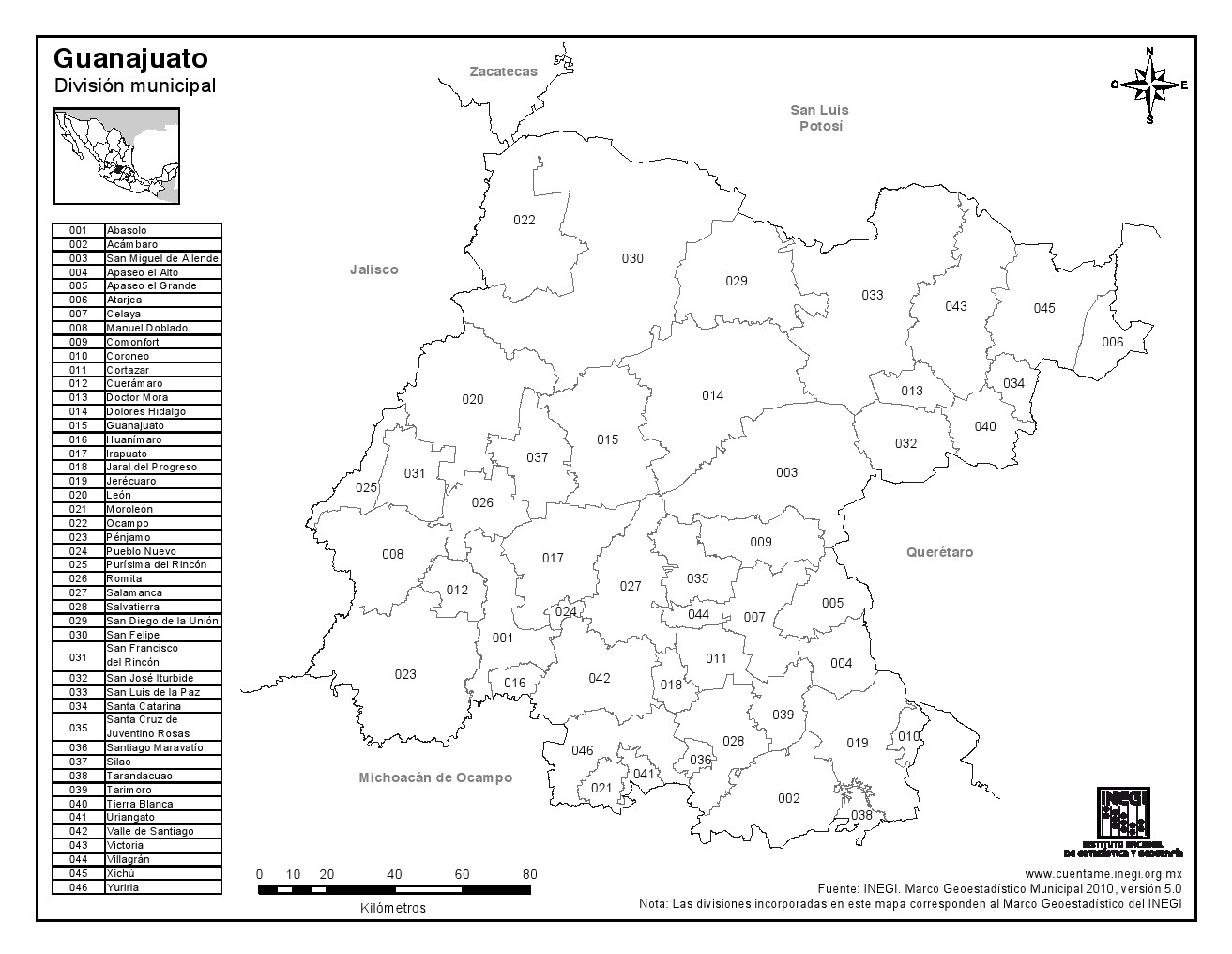 Mapa de municipios de Guanajuato. INEGI de México