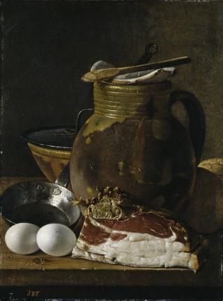 Bodegón: jamón, huevos y recipientes
