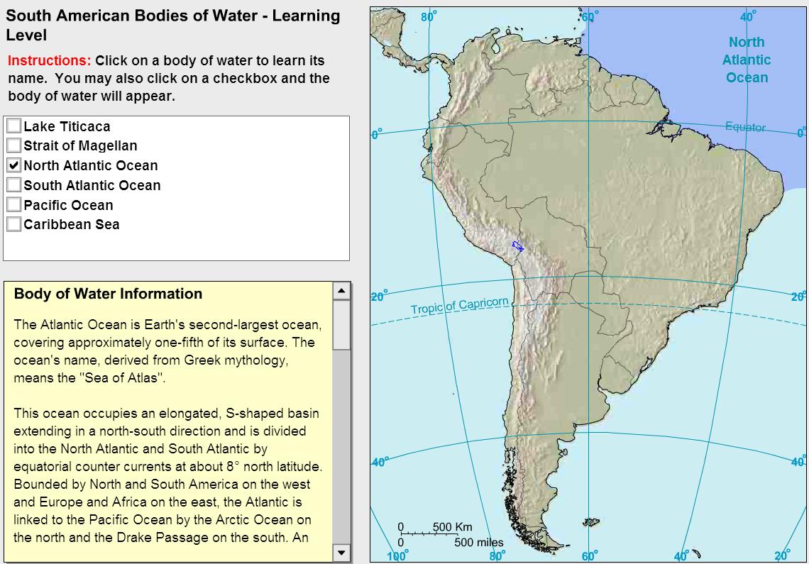 Oceans and lakes of South America. Tutorial. Sheppard Software