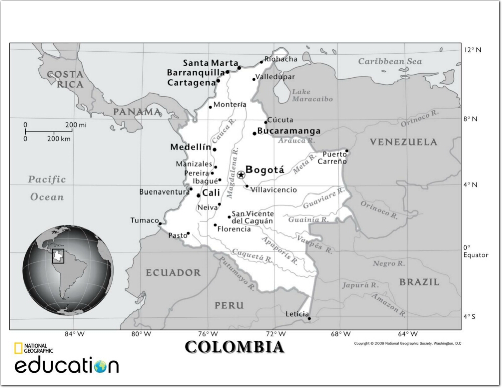 Mapa de ciudades y ríos de Colombia. National Geographic