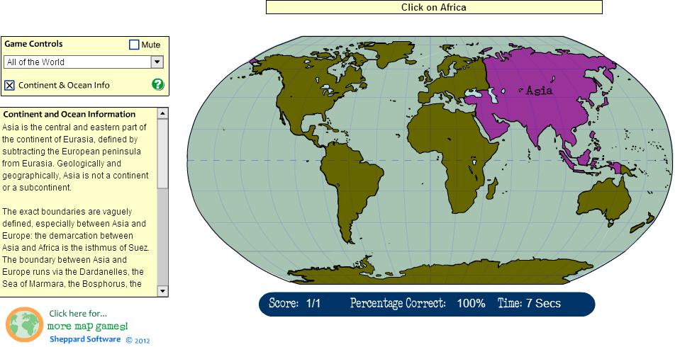 Continents and Oceans of the World. Beginner. Sheppard Software
