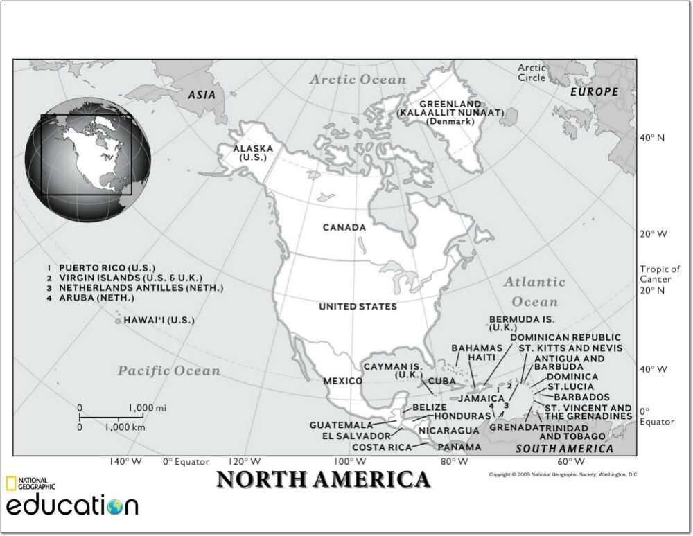 Mapa de países de América del Norte. National Geographic