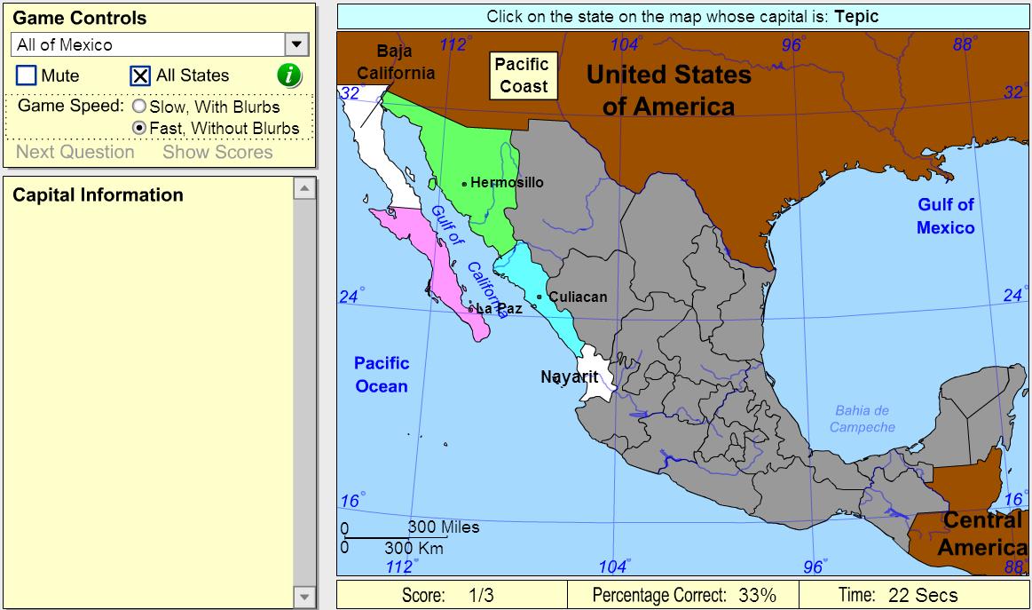 Capitals of Mexico. Beginner. Sheppard Software