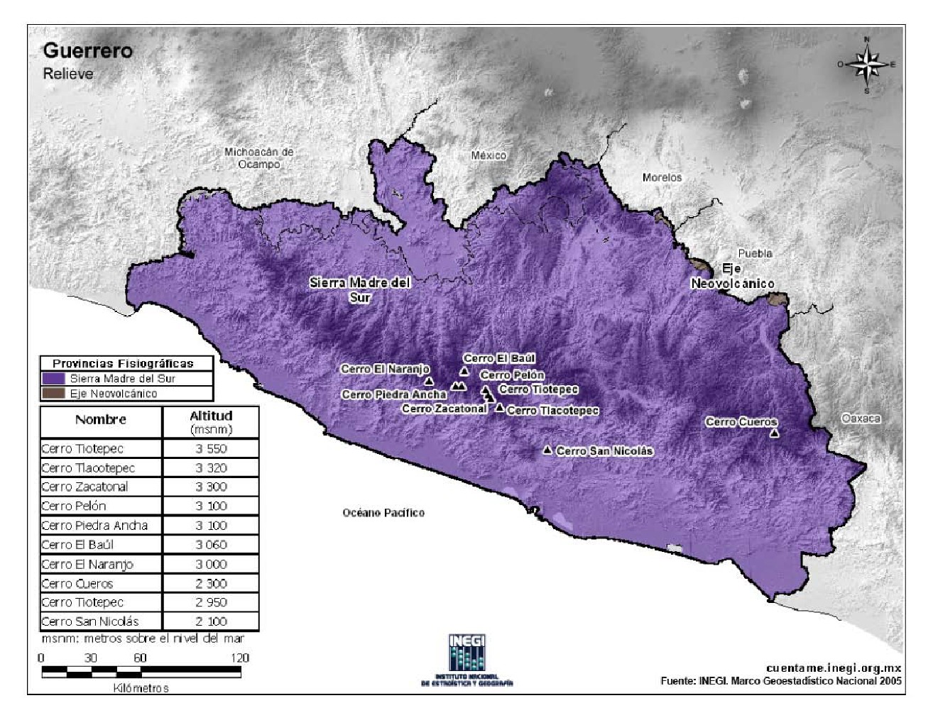 Mapa en color de montañas de Guerrero. INEGI de México
