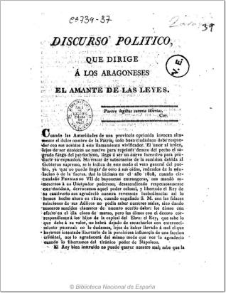 Discurso politico que dirige a los Aragoneses el Amante de las leyes