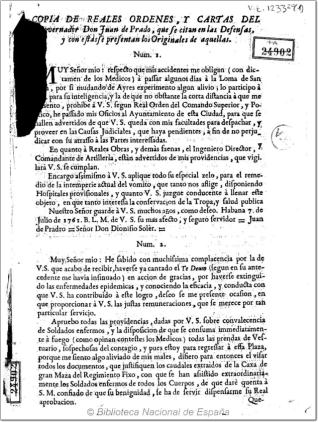 Copia de Reales Ordenes, y cartas de gobernador Don Juan de Prado, que se citan en las Defensas, y con estas se presentan los Originales de aquellas ...