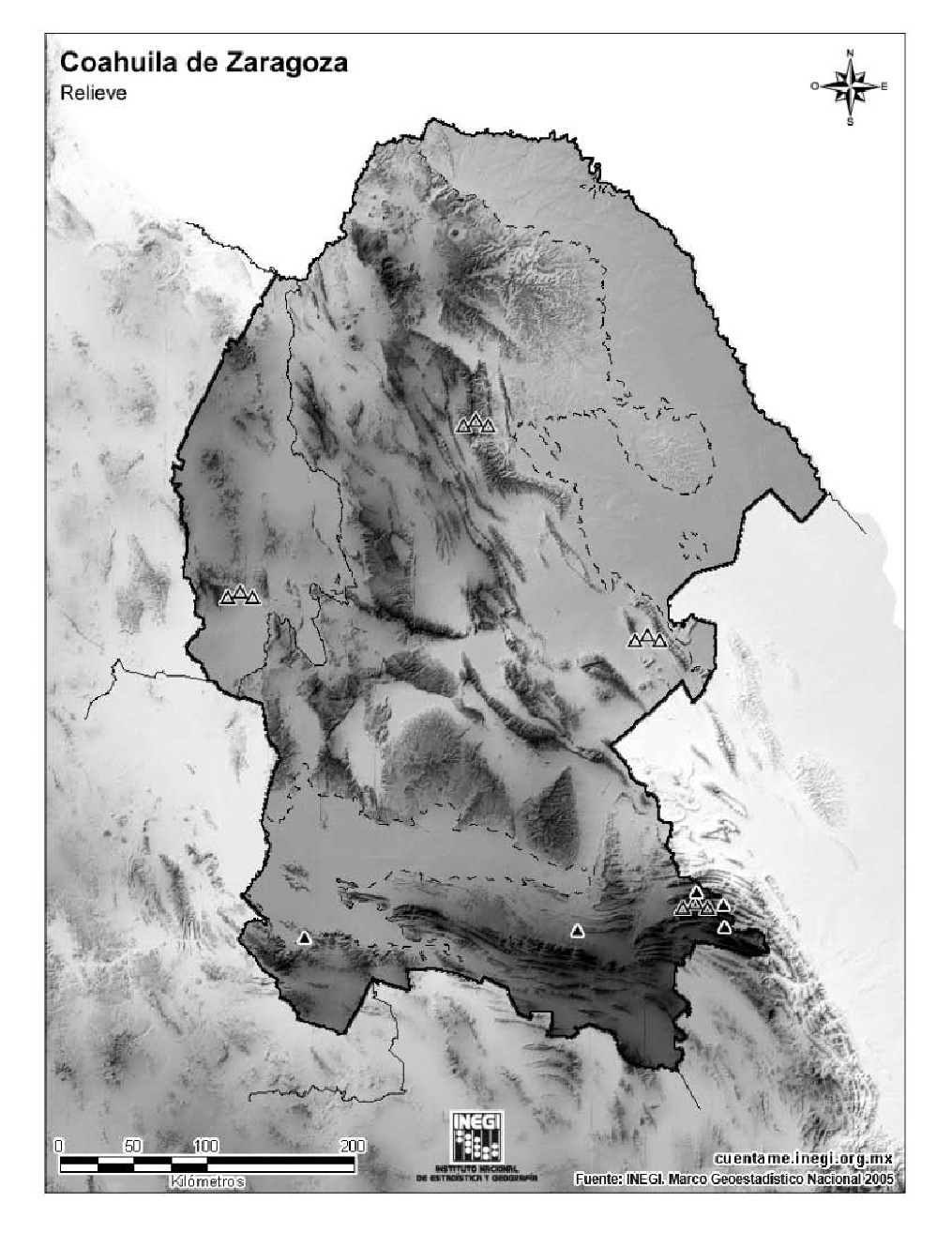 Mapa mudo de montañas de Coahuila de Zaragoza. INEGI de México