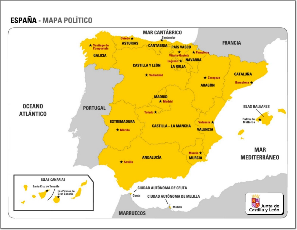 Mapa de comunidades autónomas y capitales de España. JCyL