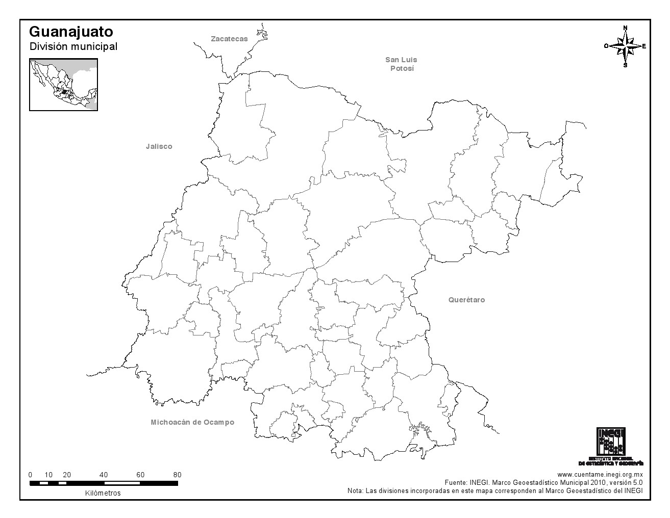Mapa mudo de municipios de Guanajuato. INEGI de México