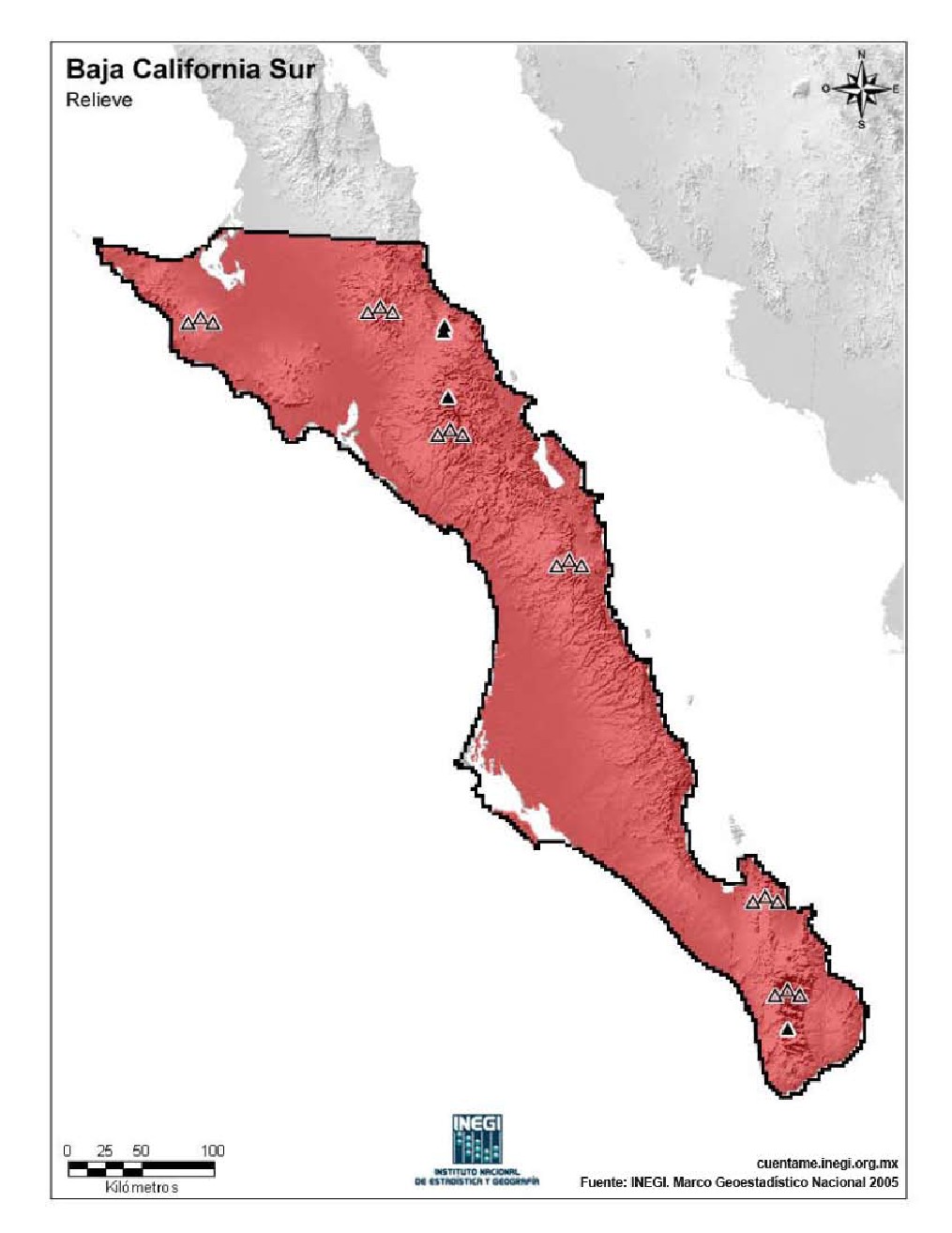 Mapa mudo de montañas de Baja California Sur. INEGI de México