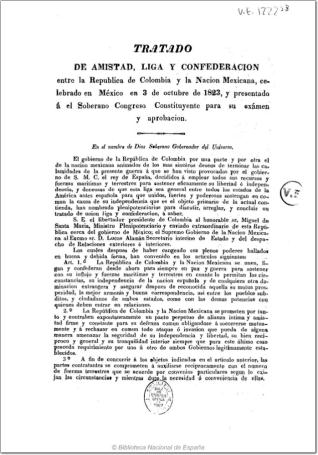 Tratado de Amistad, Liga y Confederación entre la República de Colombia y la Nación Mexicana, celebrado en México en 3 de Octubre de 1823...