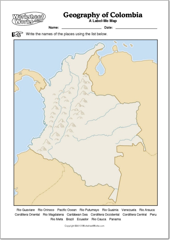 Mapa mudo de ríos y montañas de Colombia. WorksheetWorks