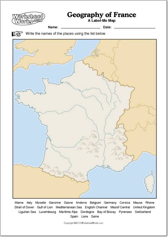 Mapa mudo de ríos y montañas de Francia. WorksheetWorks