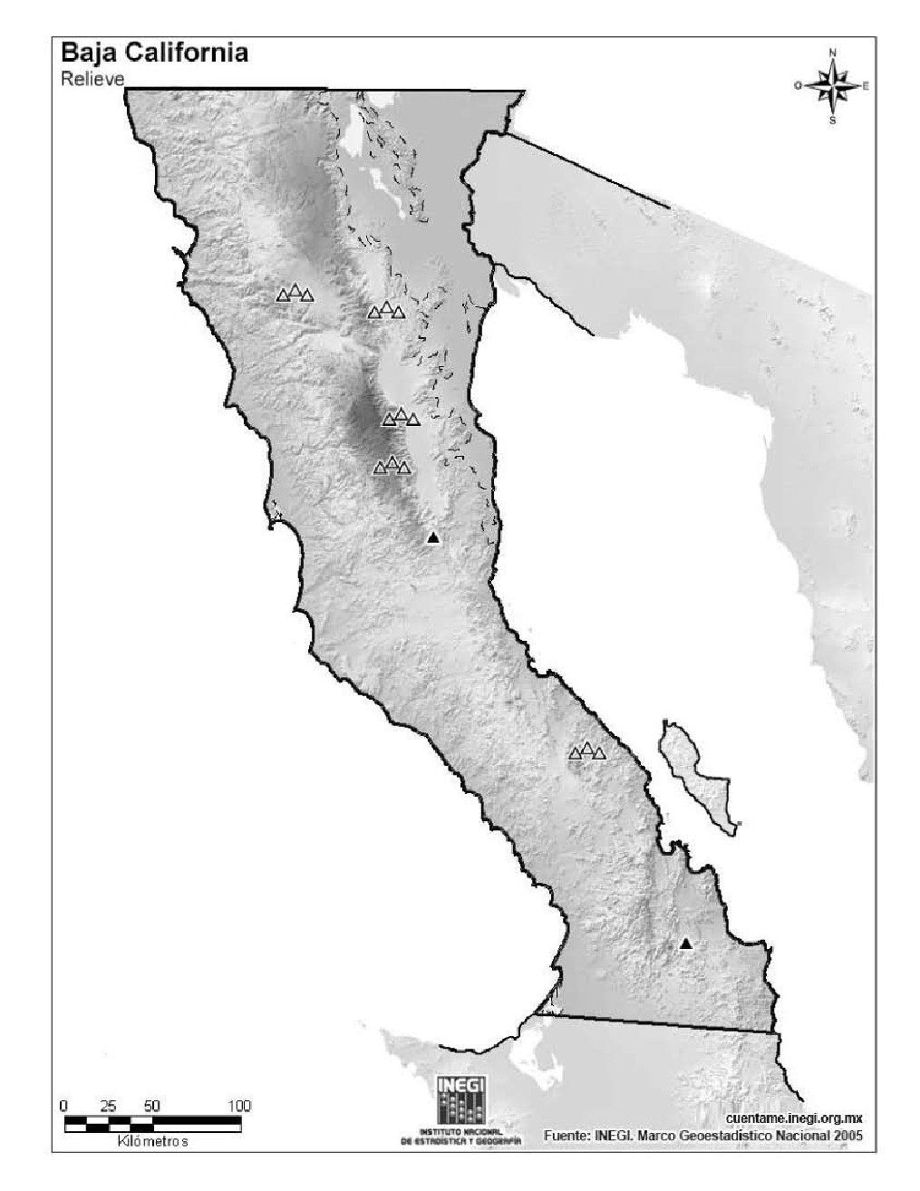 Mapa mudo de montañas de Baja California. INEGI de México