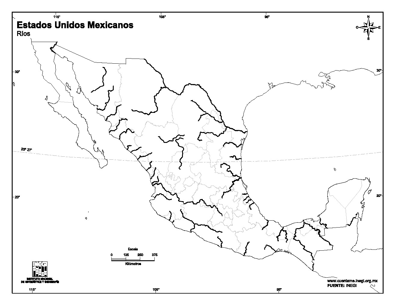 Mapa mudo de ríos de México. INEGI de México