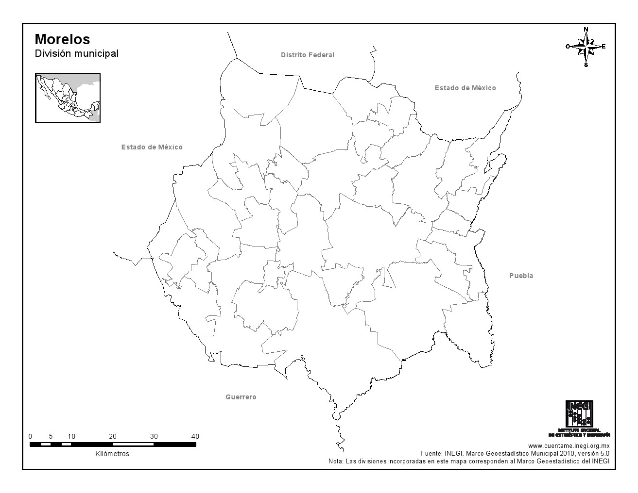 Mapa mudo de municipios de Morelos. INEGI de México