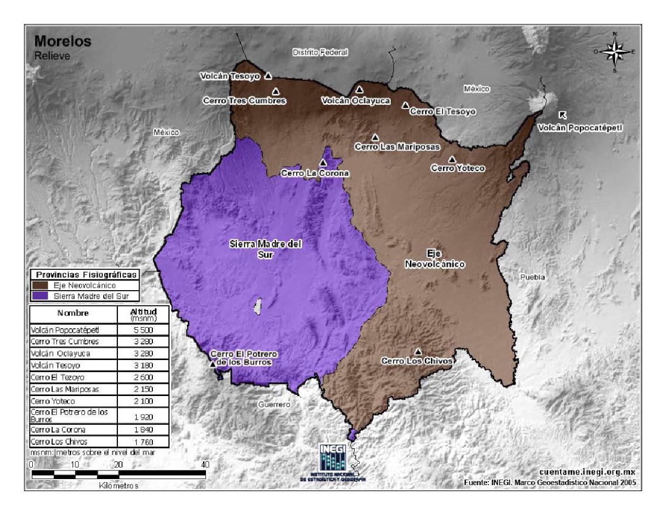 Mapa en color de montañas de Morelos. INEGI de México