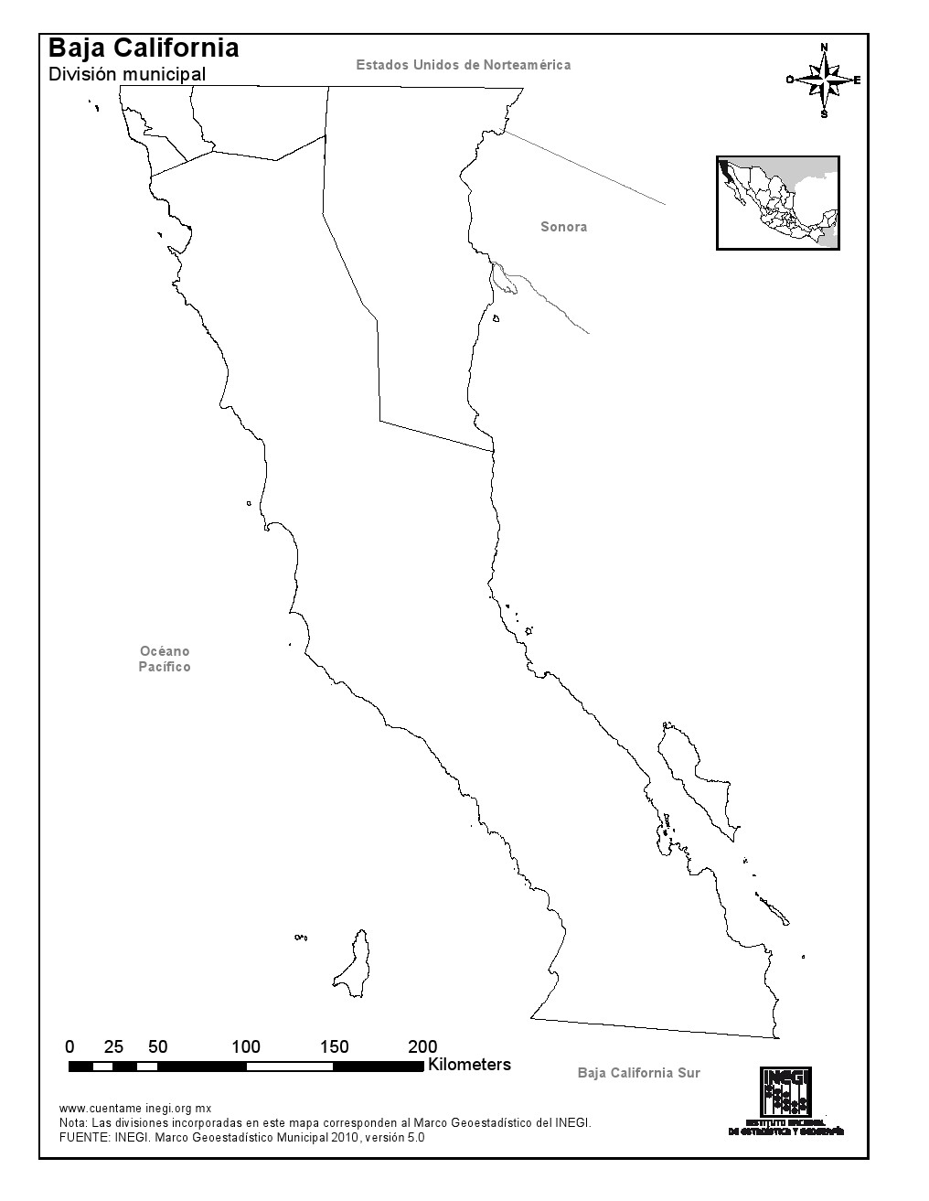 Mapa mudo de municipios de Baja California. INEGI de México